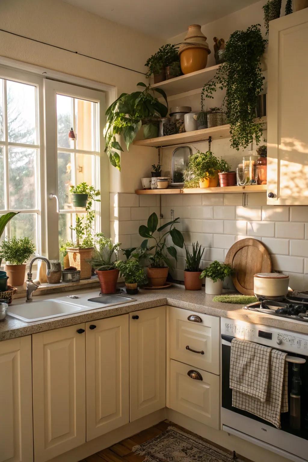 Plants and earthy elements bring a fresh vibe to the kitchen.
