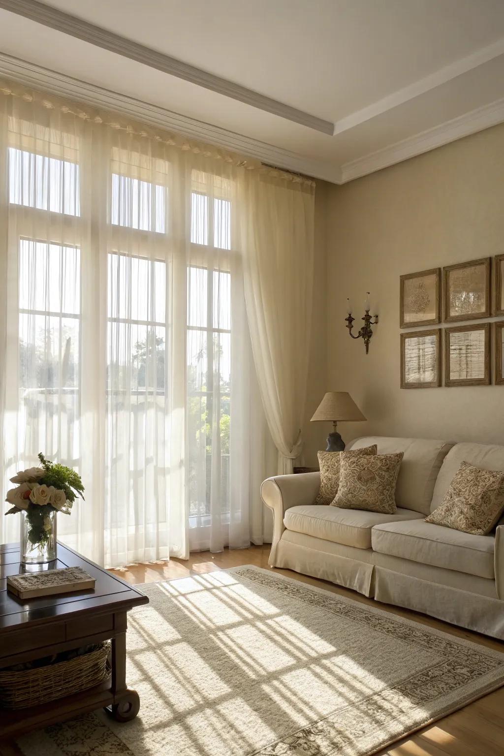 Diaphanous fabrics elevate the luminous and airy atmosphere.