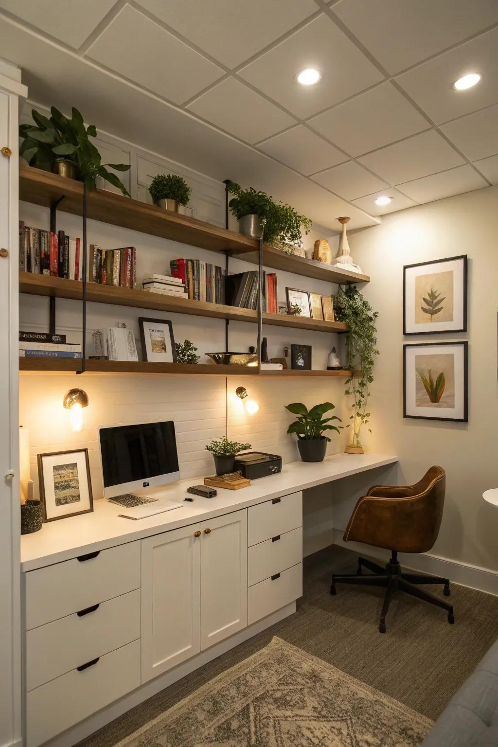 Sconces with shelves offering practicality in the office.