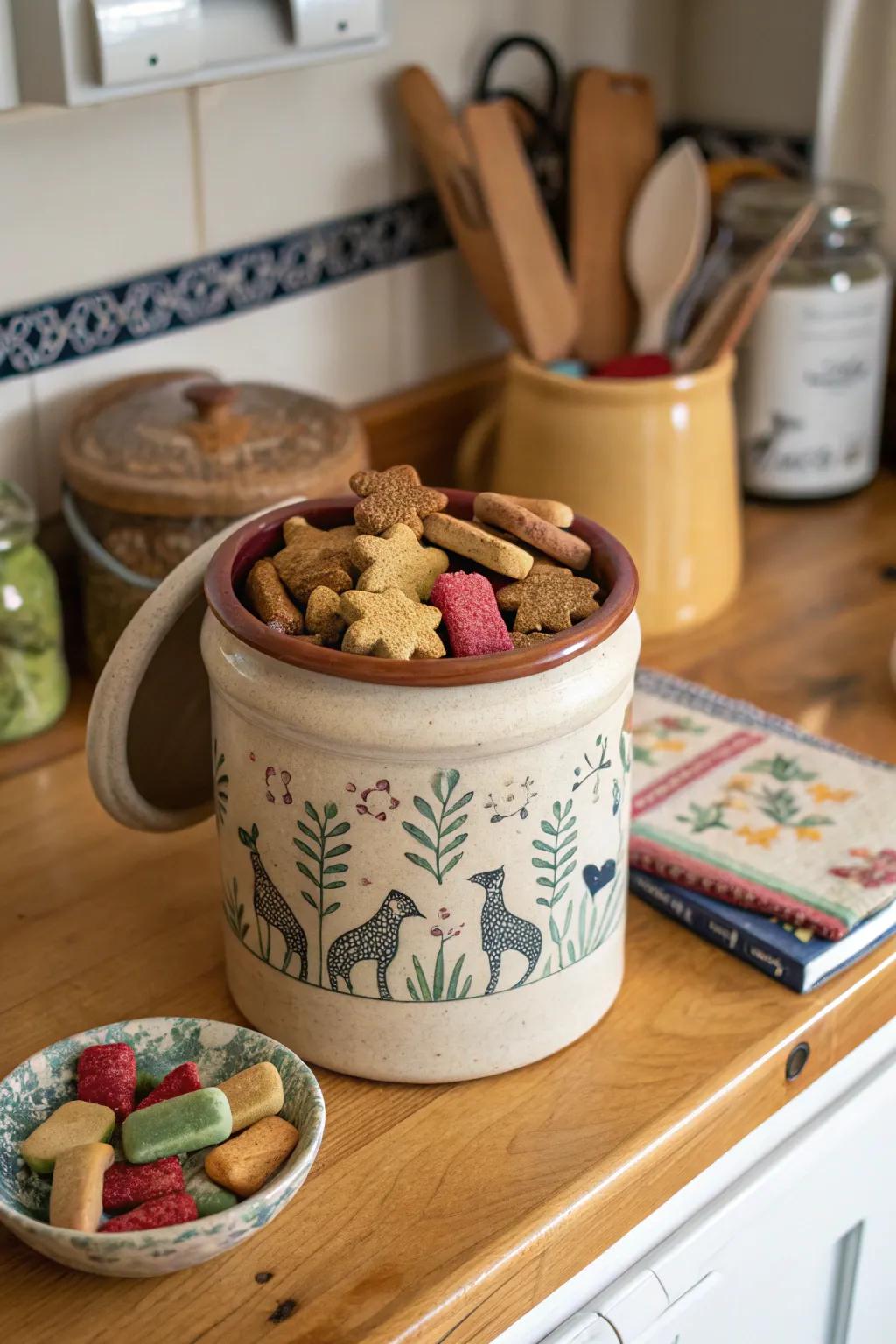 Keep pet treats stylishly stowed in a vintage vessel.