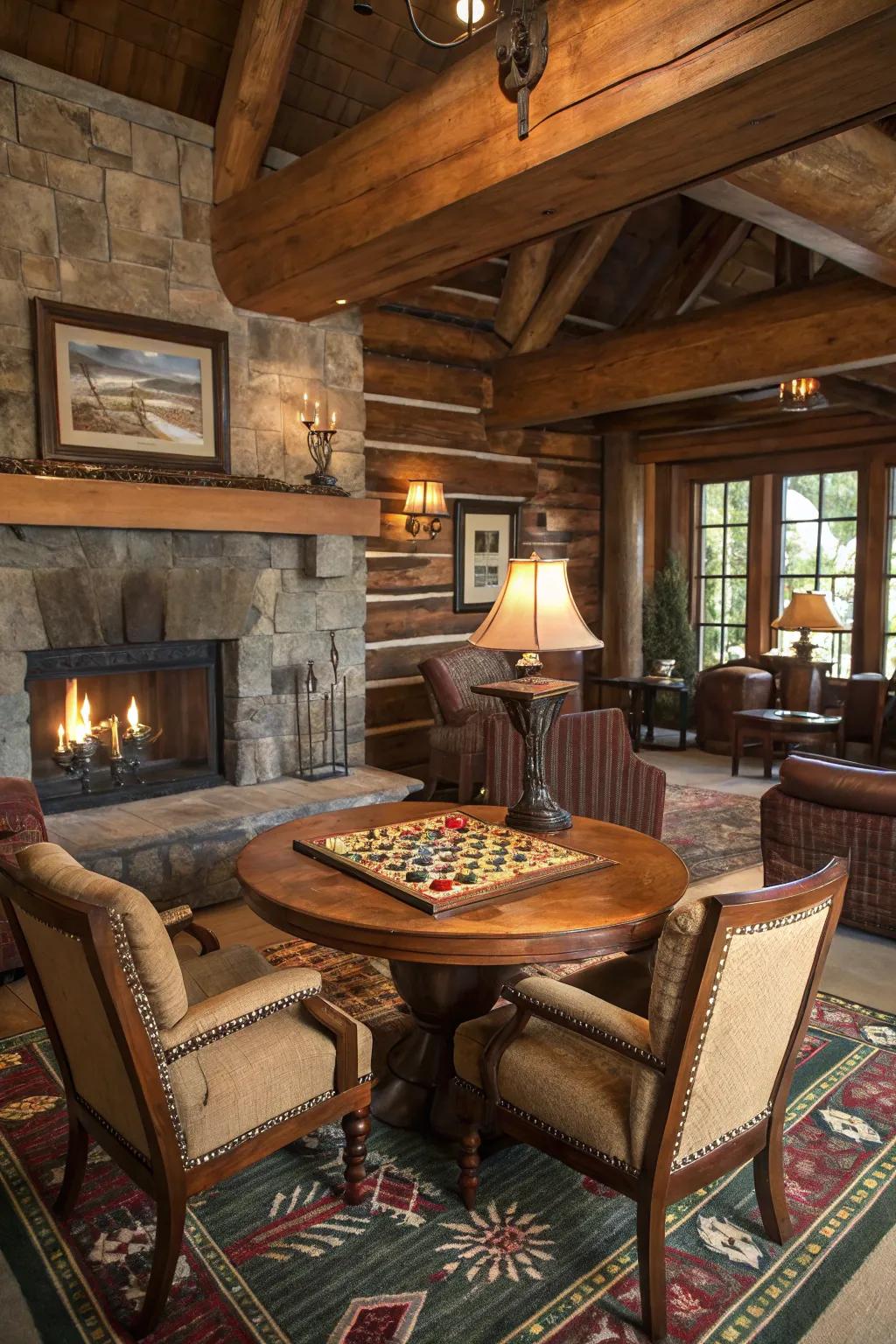 Unrefined retreat interior featuring a vintage recreation table with seating.