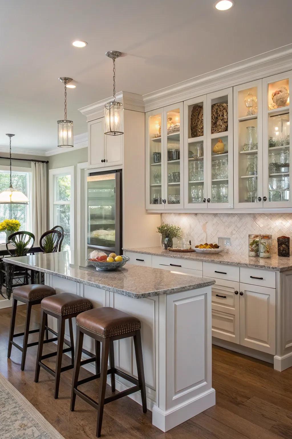 Glass case fittings introduce openness and sophistication to the cooking area plan.