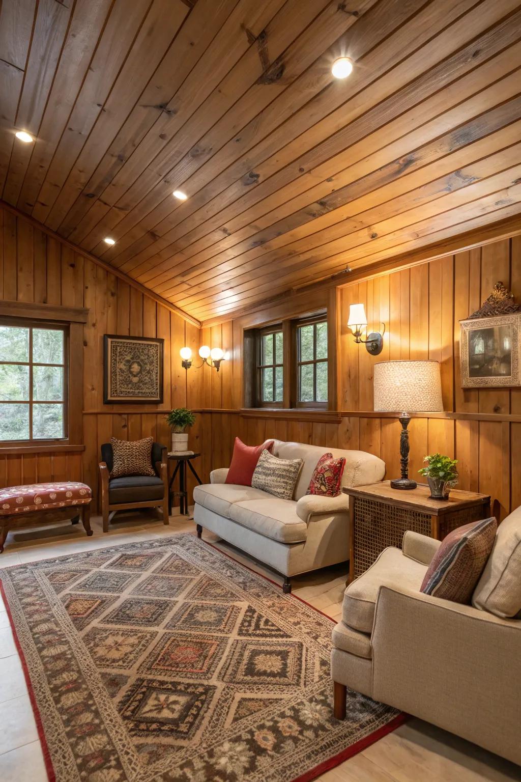A cozy den showcasing a wood-paneled ceiling for added warmth.