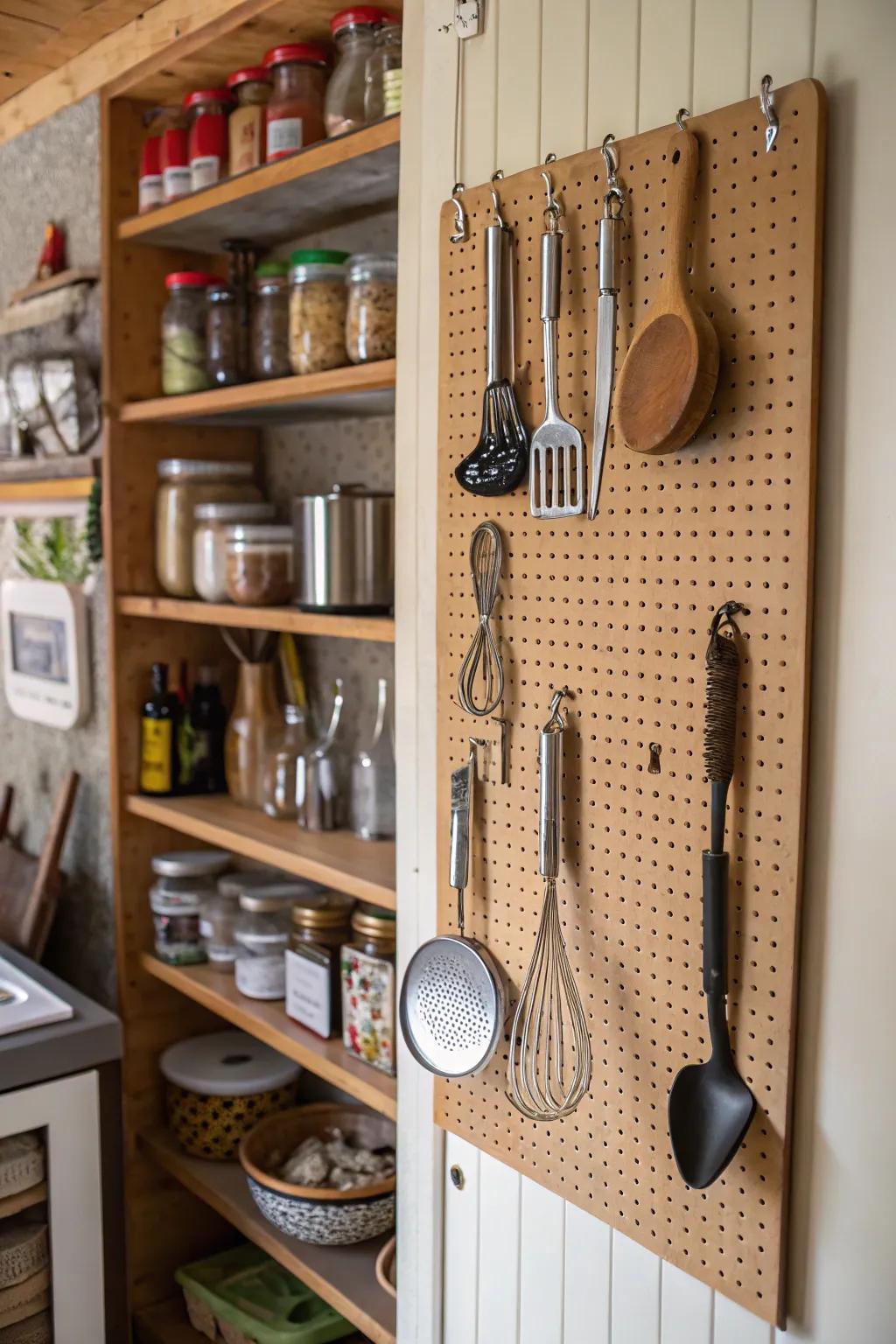 Pegboards provide accessible storing for cooking devices.