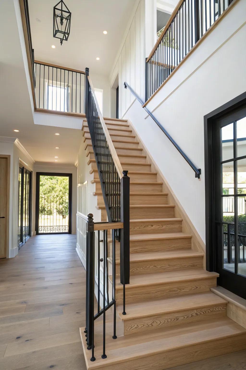 Black embellishments infuse drama into this chic stairway.