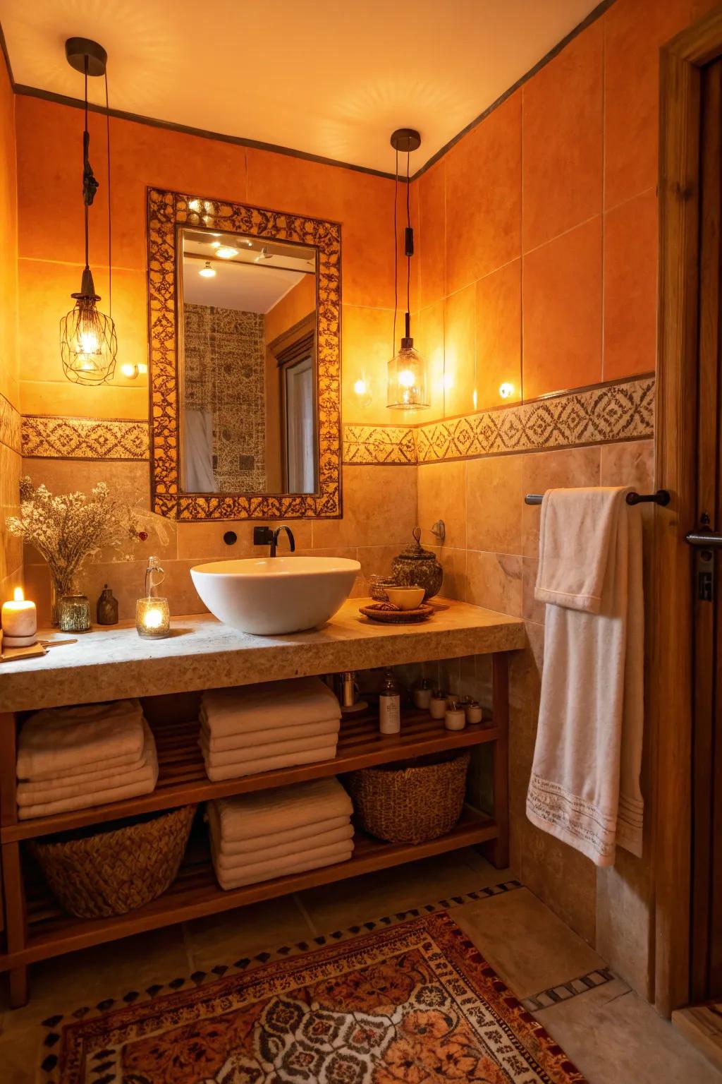 Inviting lighting enhances the snug feel of citrus tones in the bathroom.