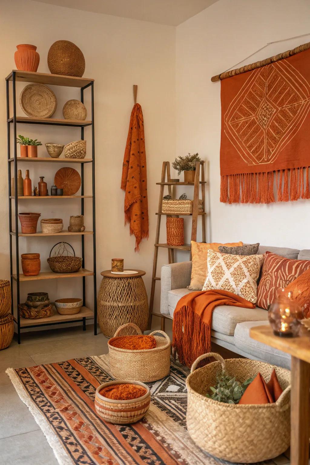 Artisan-made creations in tangerine inject distinct character and storytelling to the space.