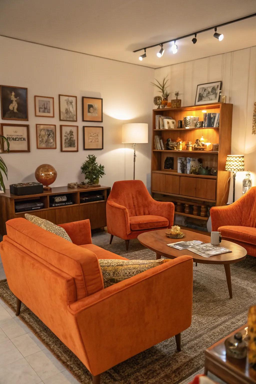 A unique living room with vintage coral furniture pieces adding character.