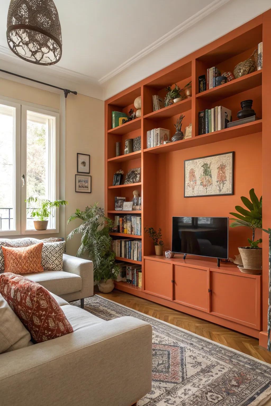 A living area gets an infusion of color and function with tangerine floating shelves.