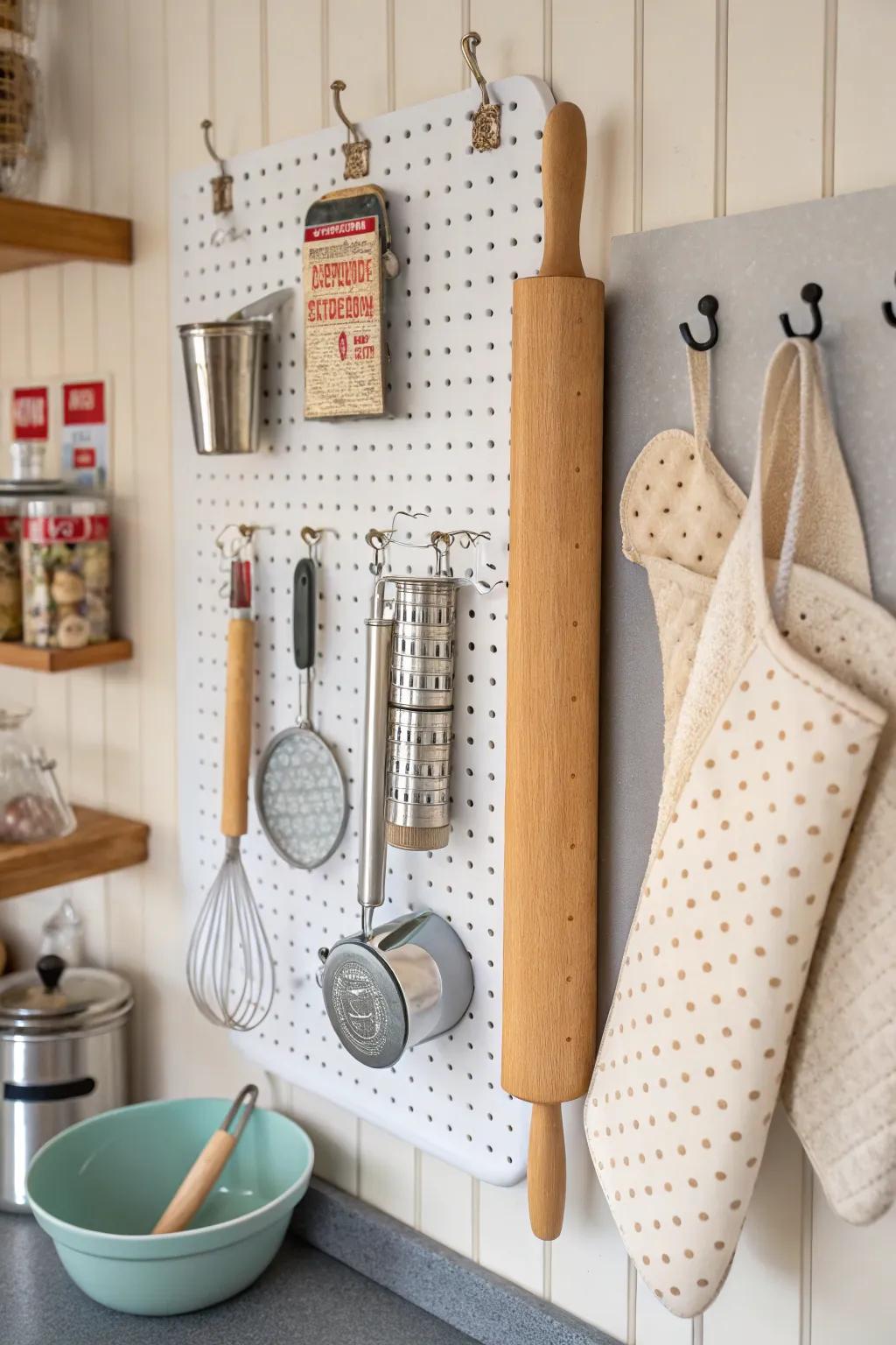 Having a storage solution with a pegboard is helpful and clear.