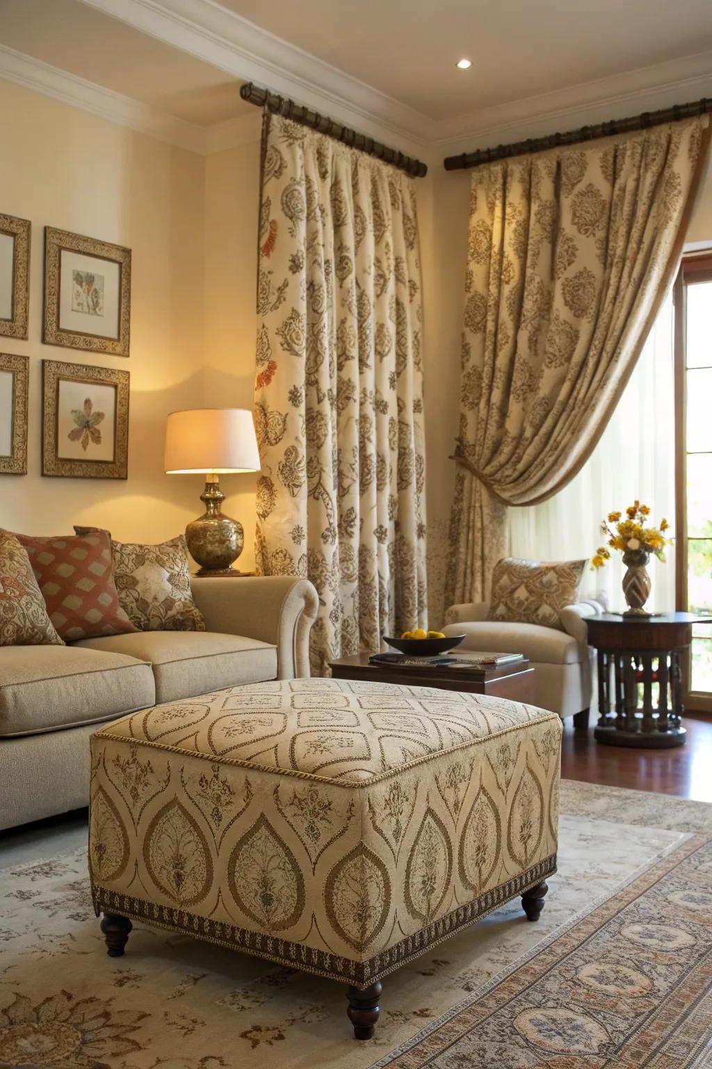 Coordinated ottoman and drapes for a unified look