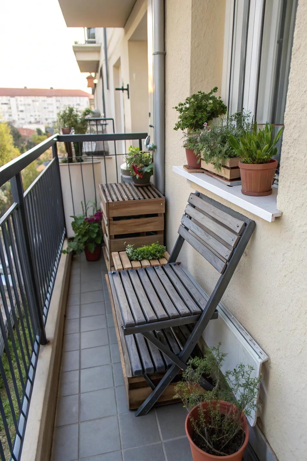 Stackable bench for effective use of small outdoor spaces.