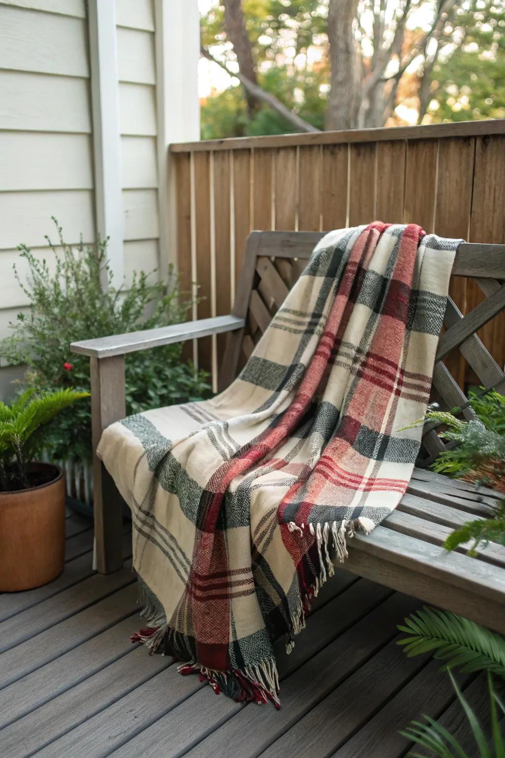 A woven throw appends warmth and texture to the outdoor seating.