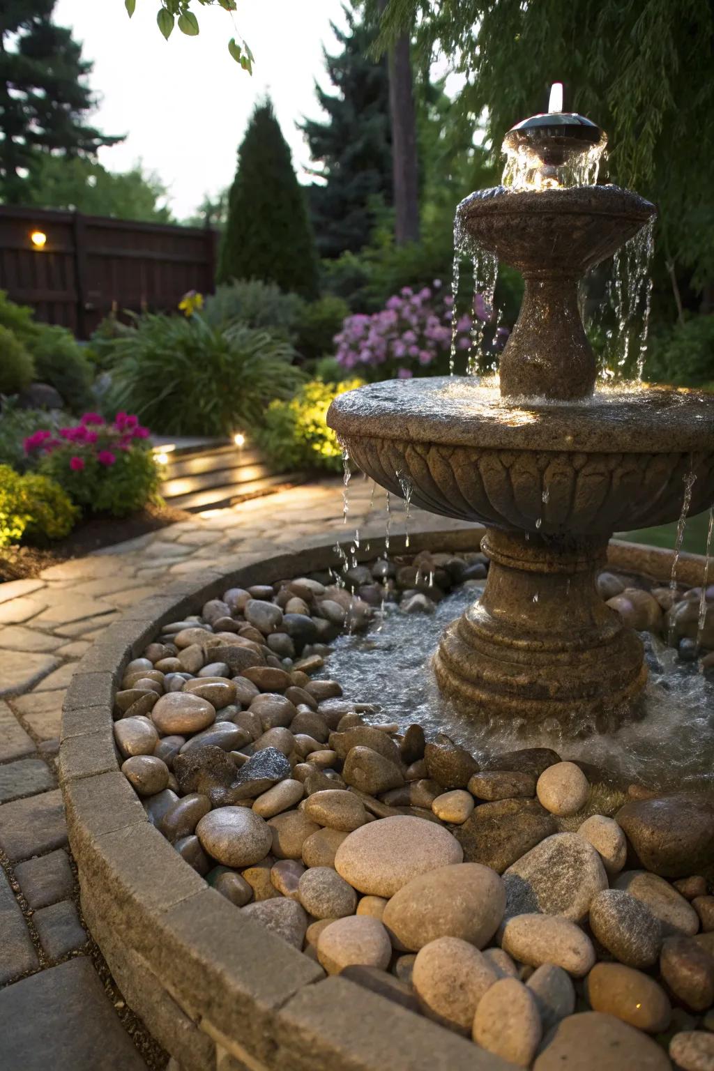 A pebble fountain crafting a soothing soundscape.