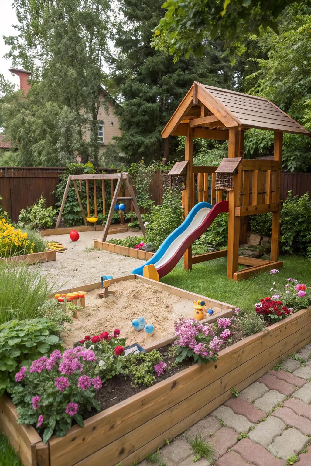 A children's play zone renders the garden family-friendly.