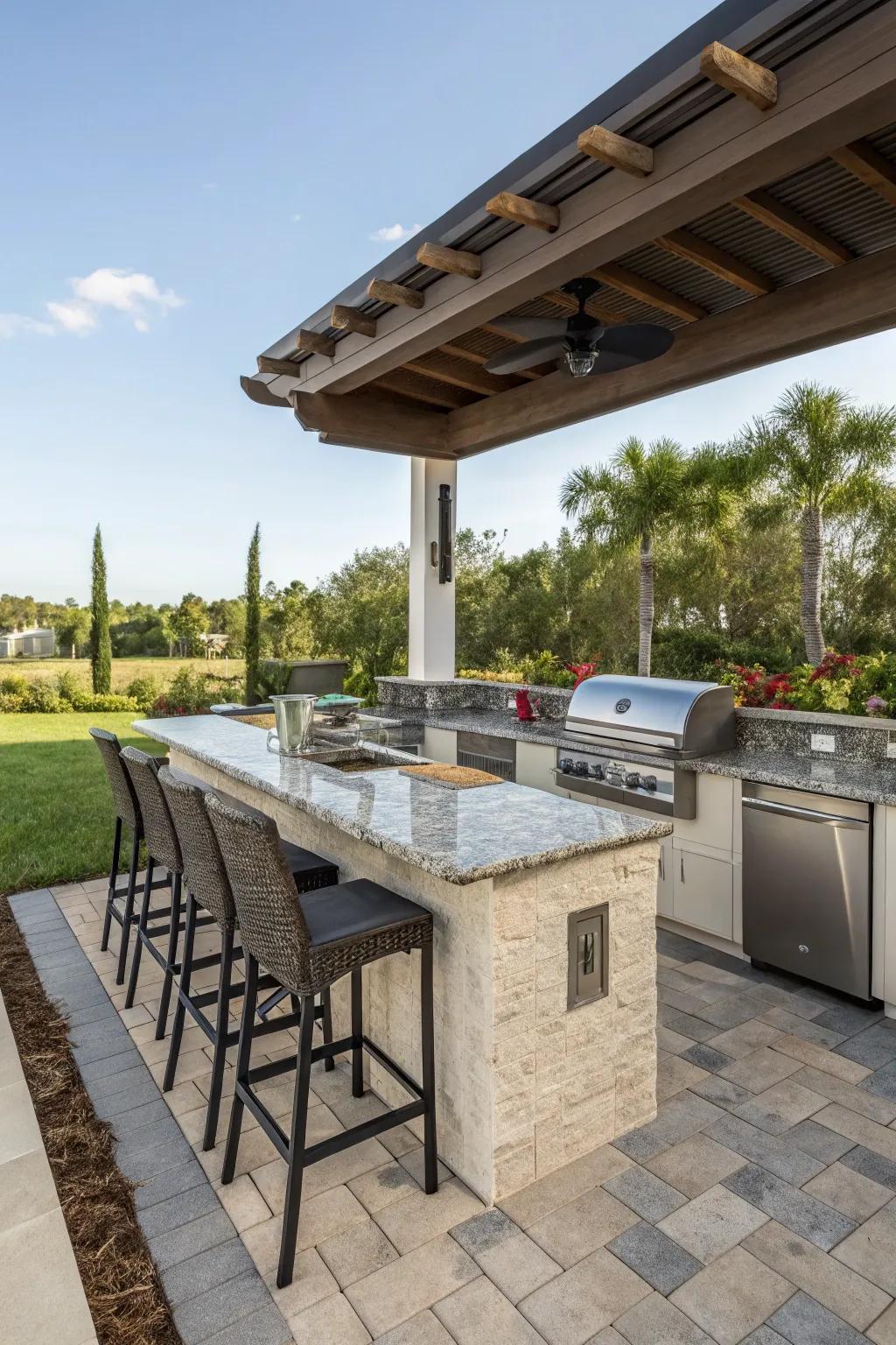 A spacious L-shaped outdoor kitchen island designed for cooking and entertaining.