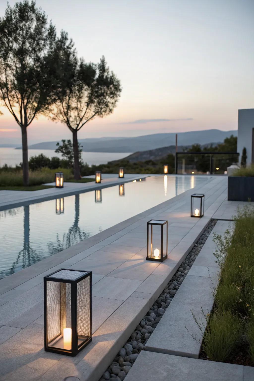 Minimalist lanterns contribute a contemporary and sophisticated vibe.