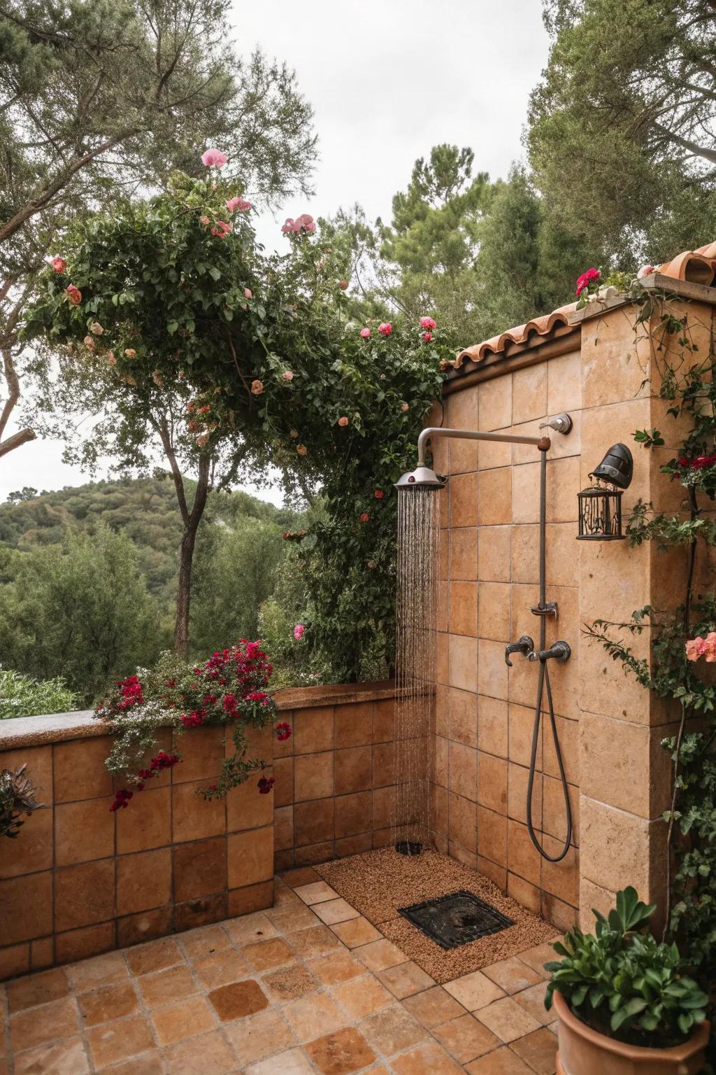 A Mediterranean-inspired outdoor shower using ceramic tiles.
