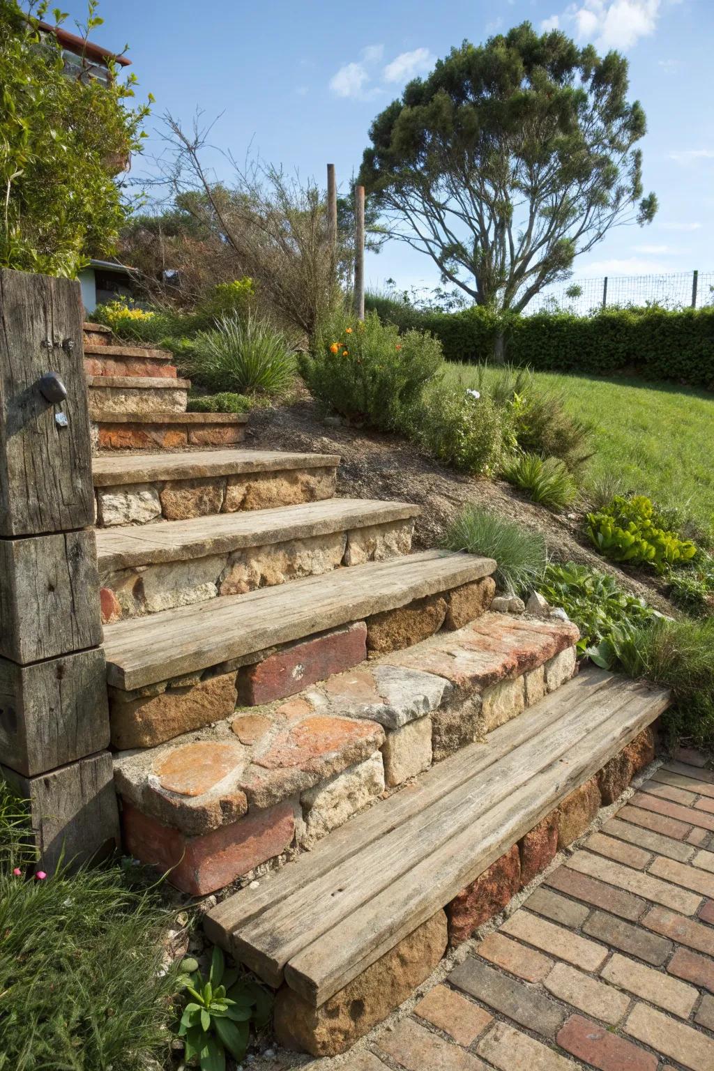 Reclaimed materials add unique character and sustainability to garden steps.
