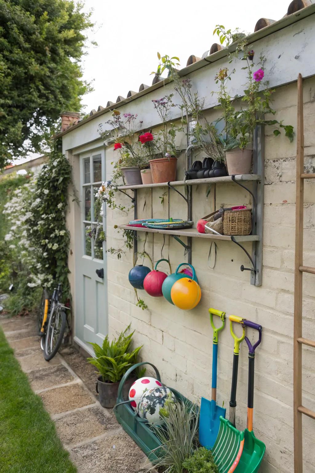 Use mounted storage on garden walls.