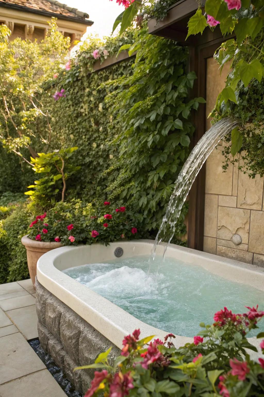 Elevate peace using a cascading water feature by your tub.