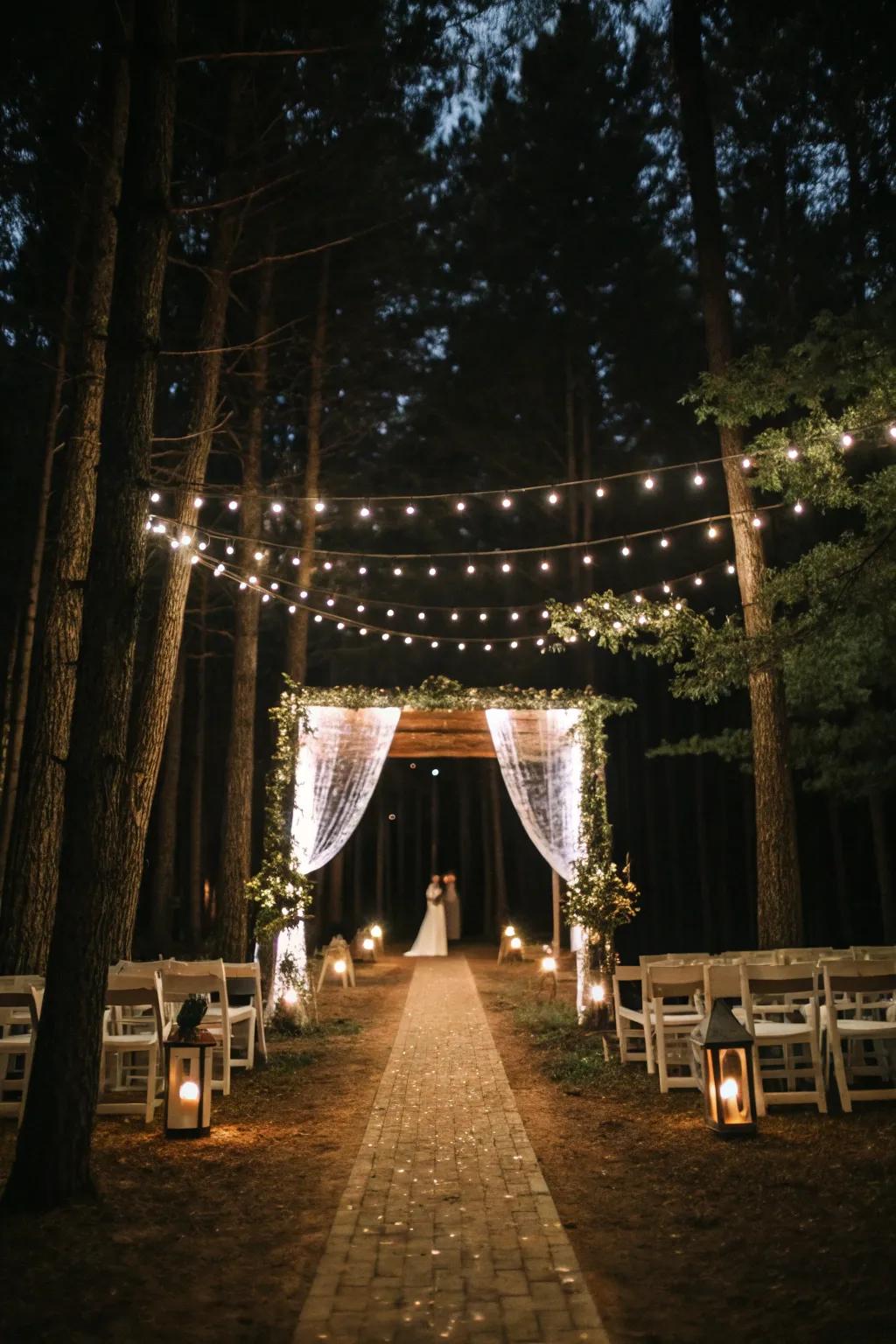 A canopy made of fairy lights injects enchantment into the aisle.