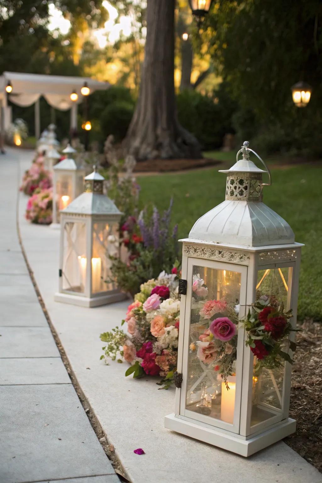Append a fresh twist using flower-filled lamps.