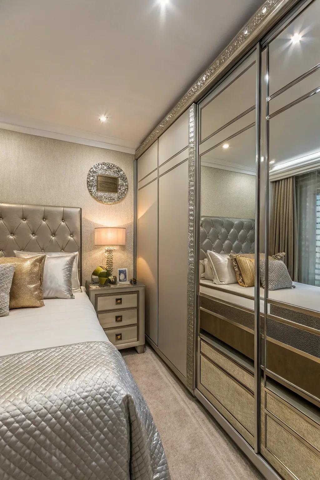 Reflective metallics integrate light and grandeur to small bedroom designs.