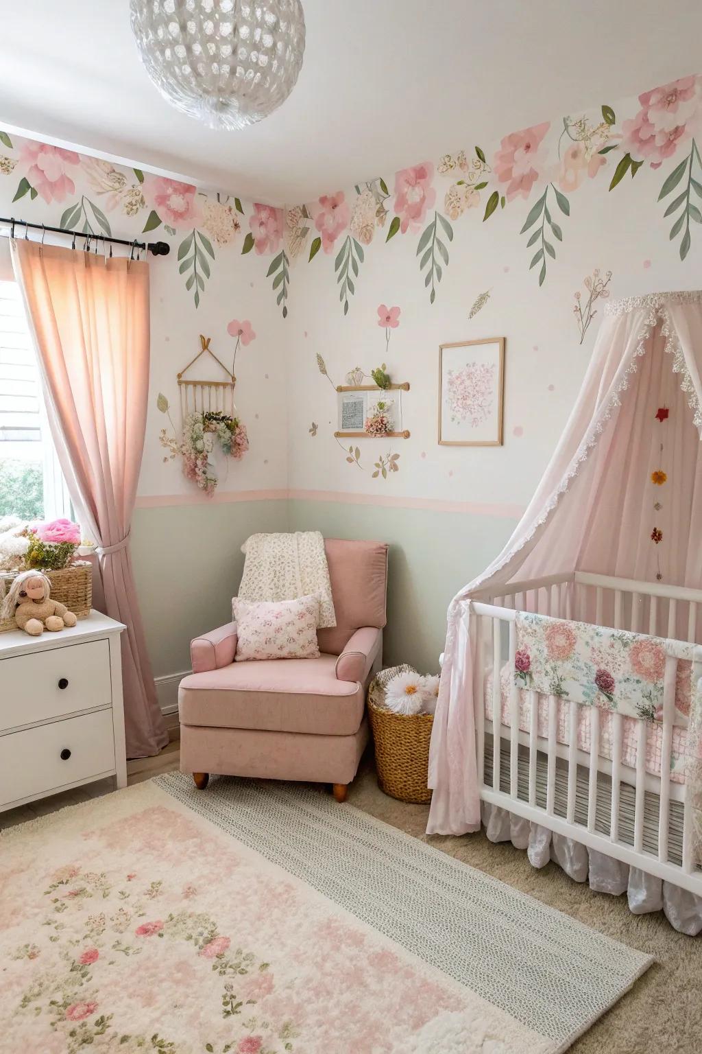 Floral hues create a grand and relaxed atmosphere in the nursery.