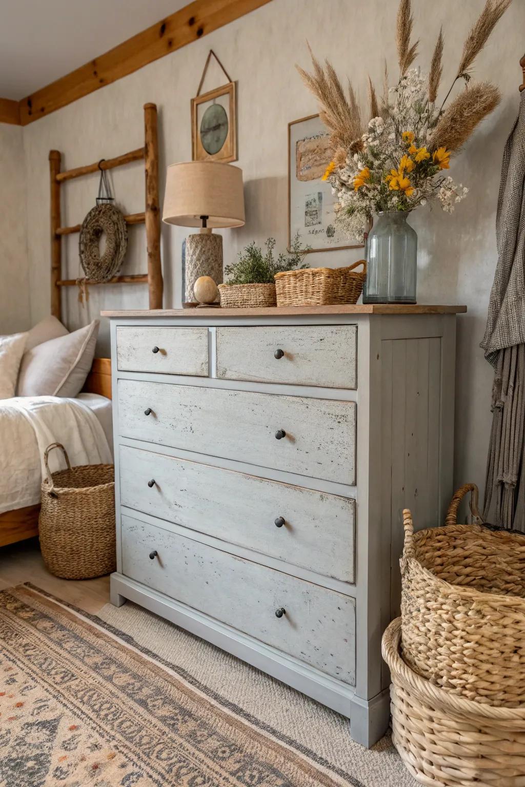 A weathered gray dresser adds rustic charm and character.