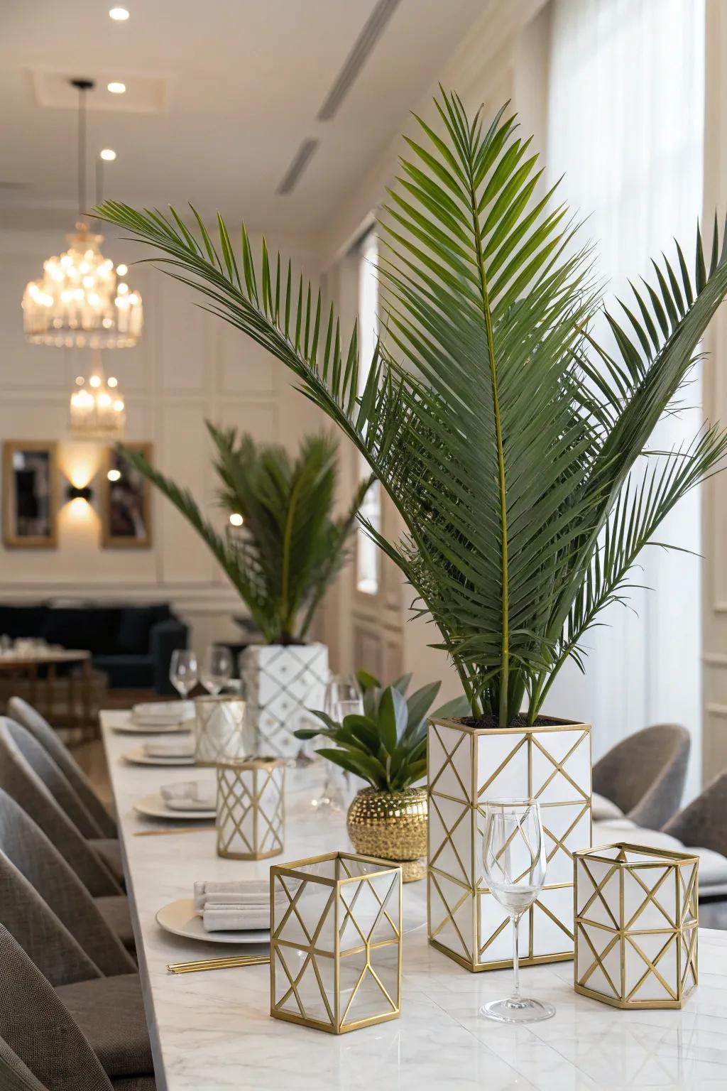 Shaped containers add a modern twist to frond centerpieces.