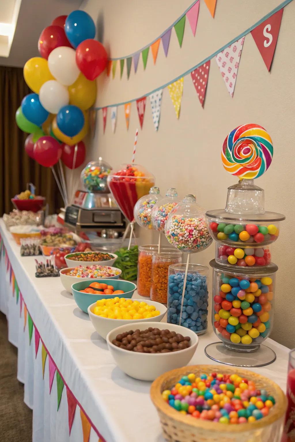 An interactive candy buffet delighting guests with a variety of sweet options.