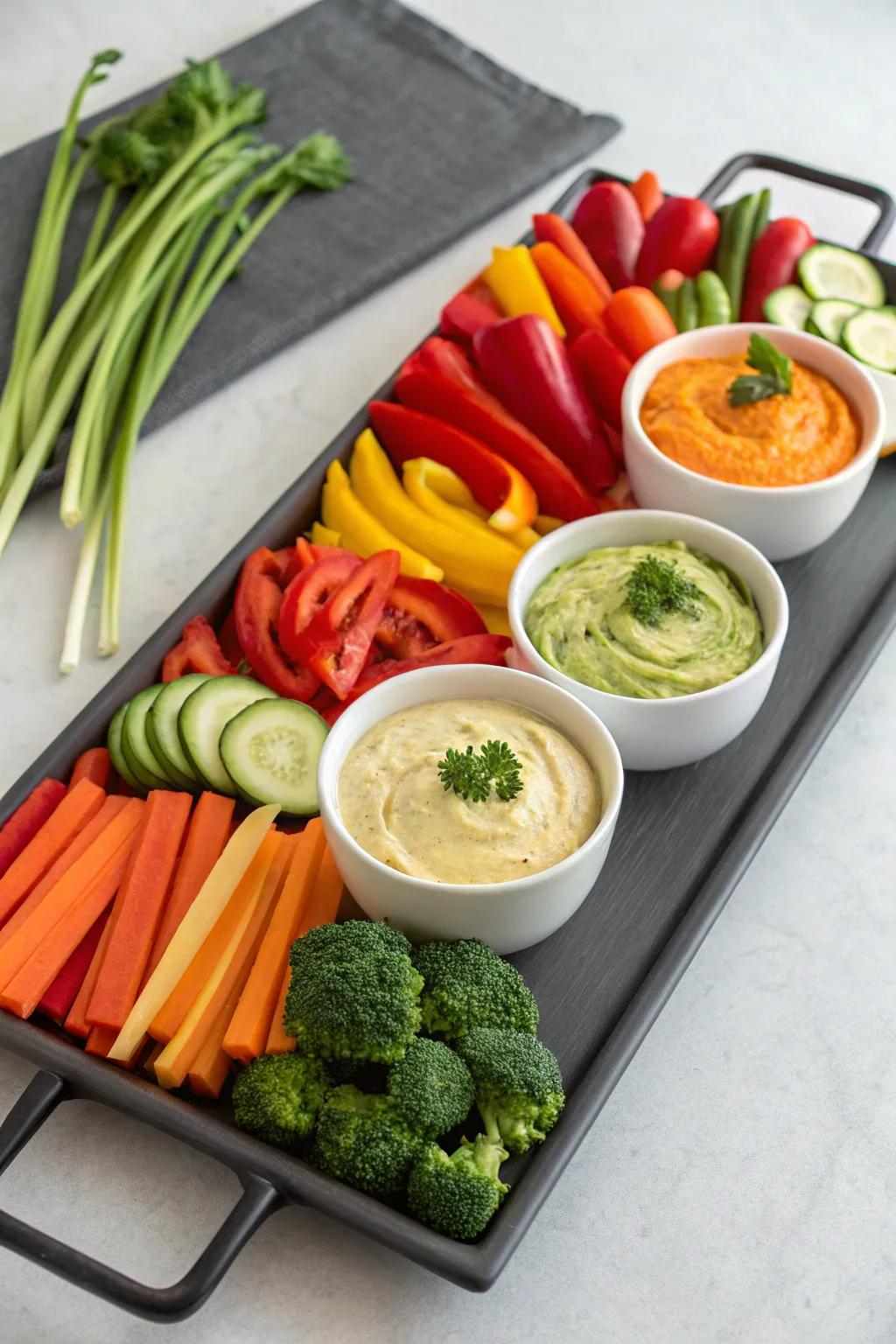 An eye-catching crudité platter that enhances vegetable snacking.