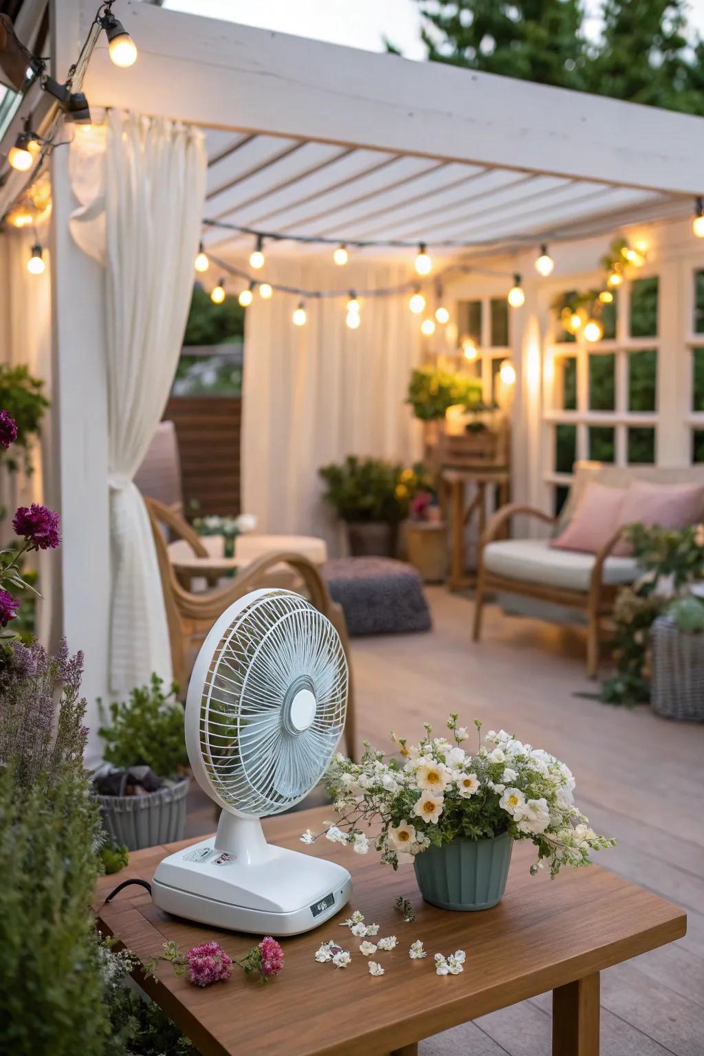 A chic patio with a portable table fan for versatile cooling.
