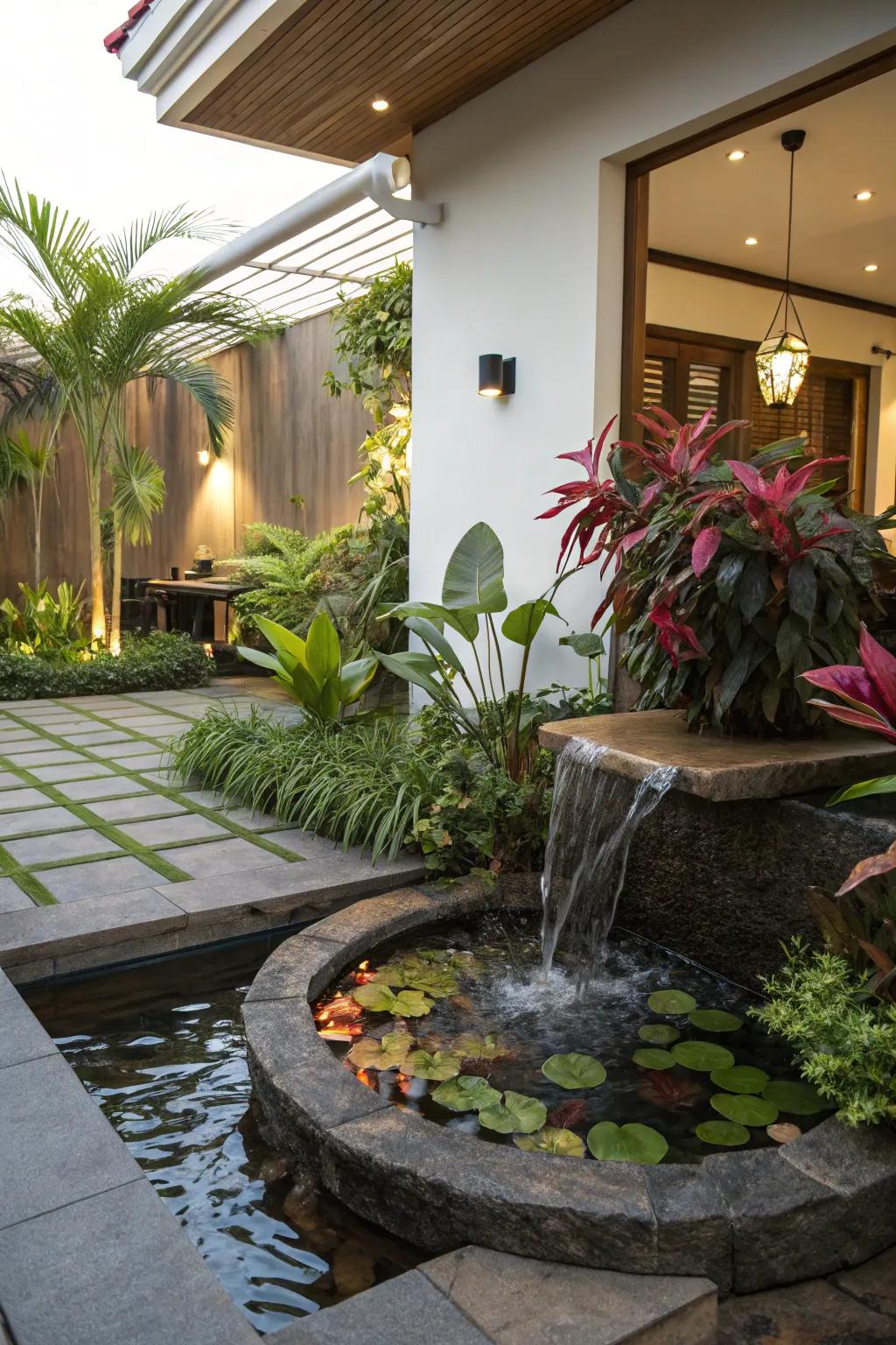 Enhance relaxation with a water feature and aquatic plants.