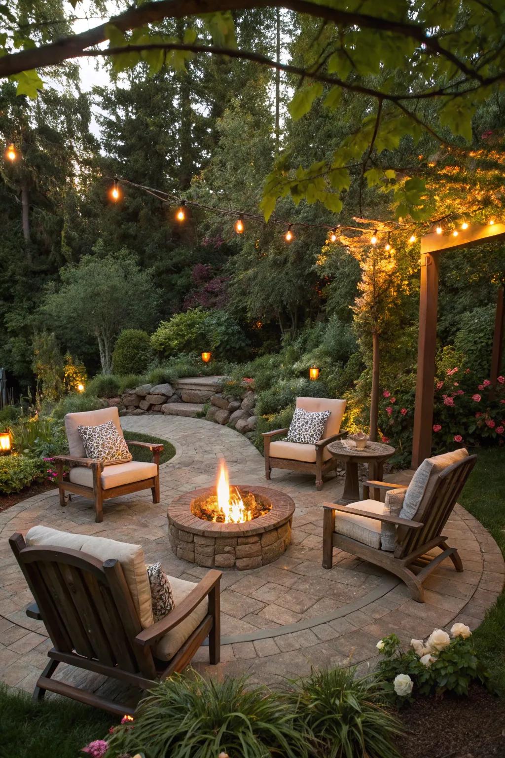 A fire pit creates a cozy gathering spot in the garden.