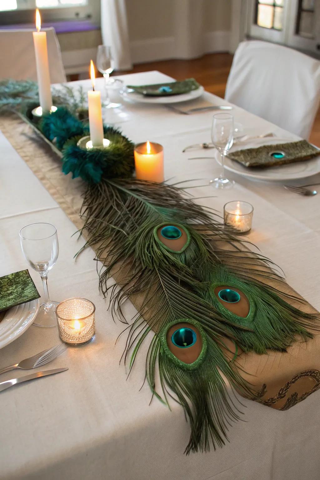 An inviting centerpiece showcasing a channel of plumes and wax light.