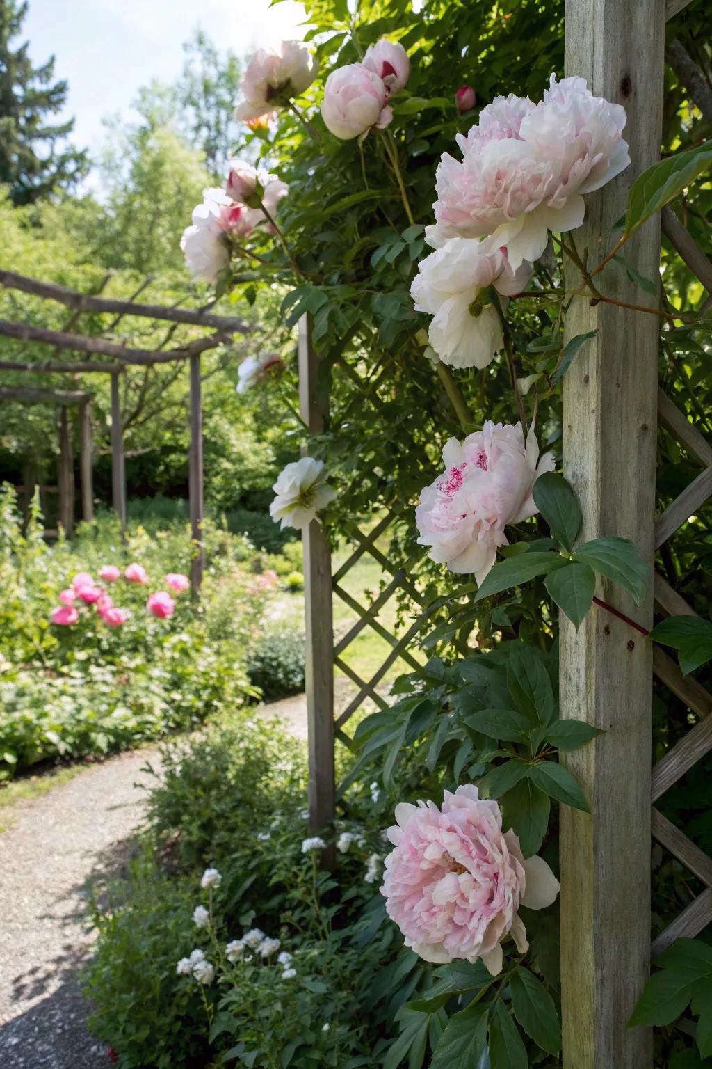 Uprights contribute elevation and whimsy to a peony garden.