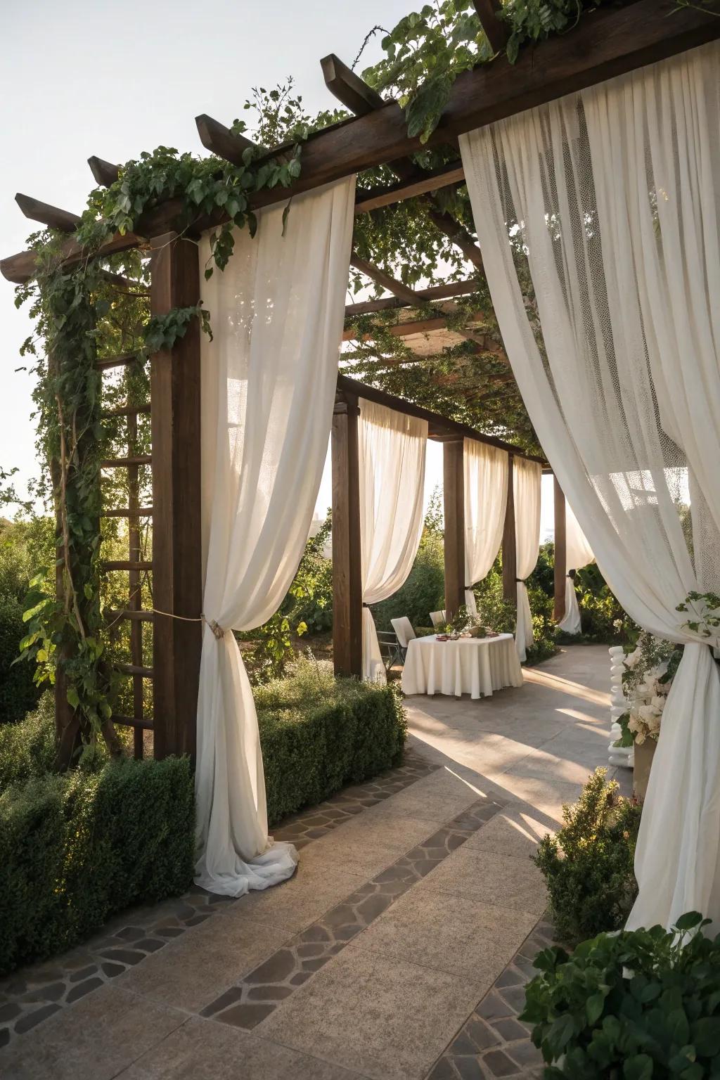 Hanging fabrics add seclusion and class to your arbor.