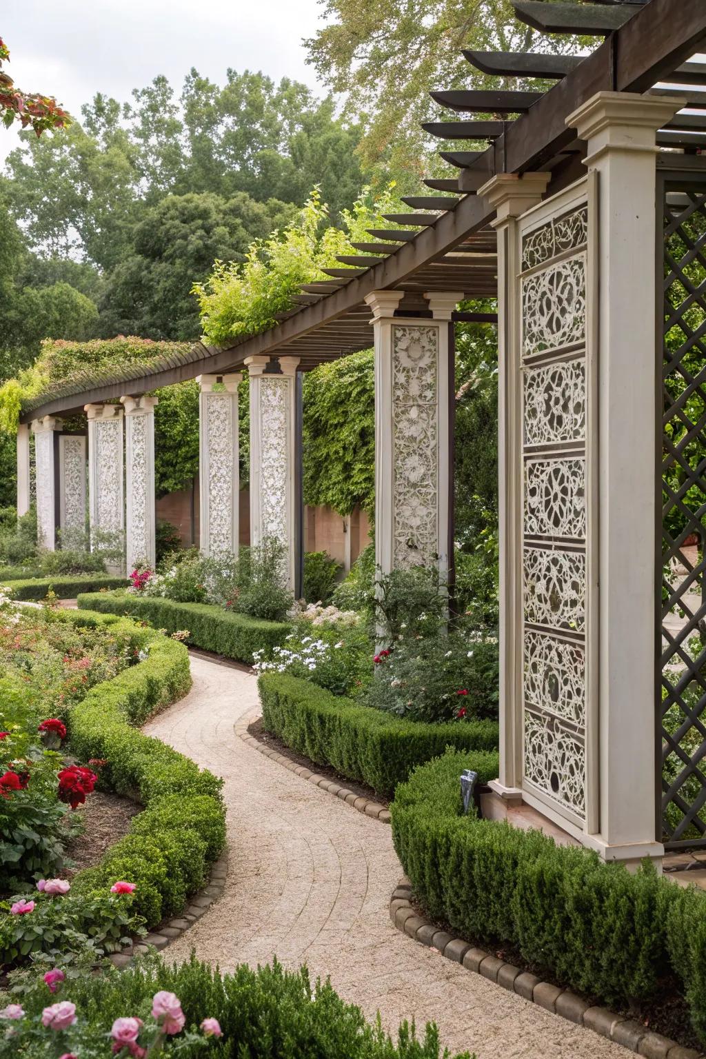 Decorative panels combine privacy with artistic flair.