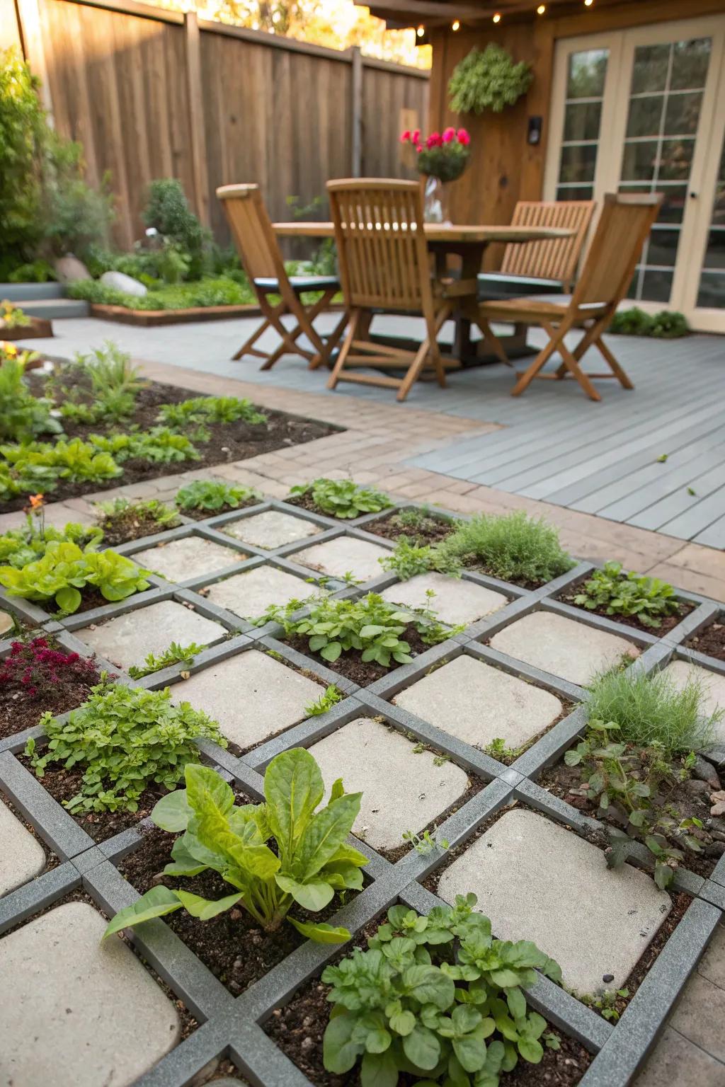 Ground reinforcement grids add structure and greenery to patios.