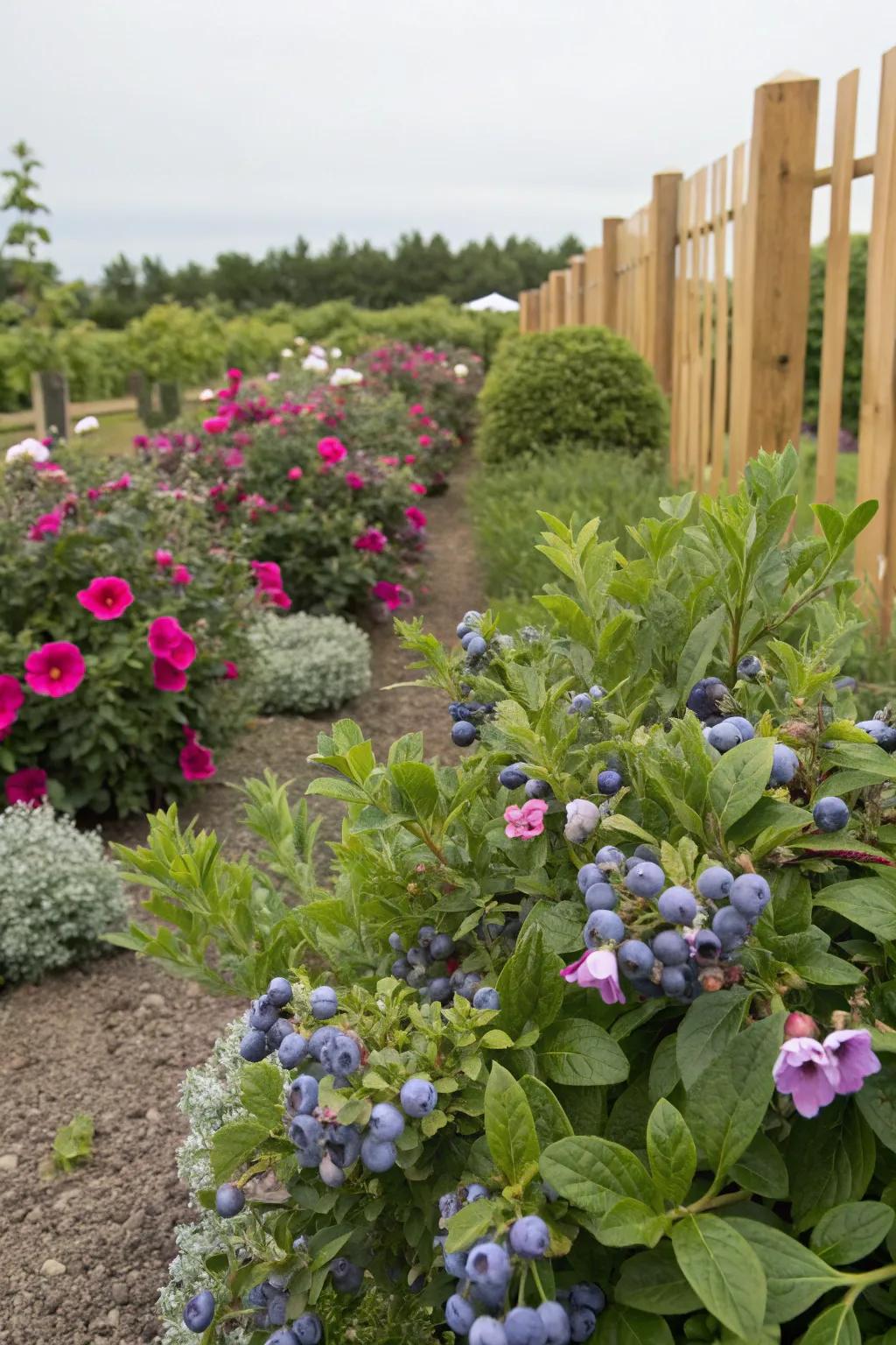 A fruity and vibrant garden pairing is created with blueberries and petunias.
