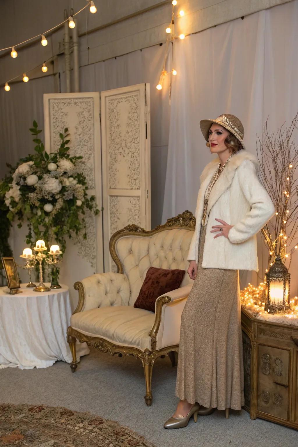 A vintage glamour setup with elegant outfits and classic decor.