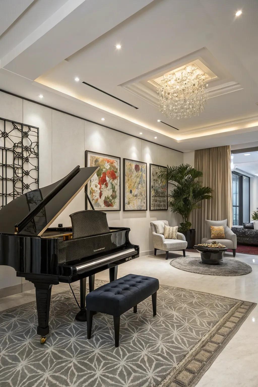 Imbalanced decor adds a dynamic and modern touch to the piano space.
