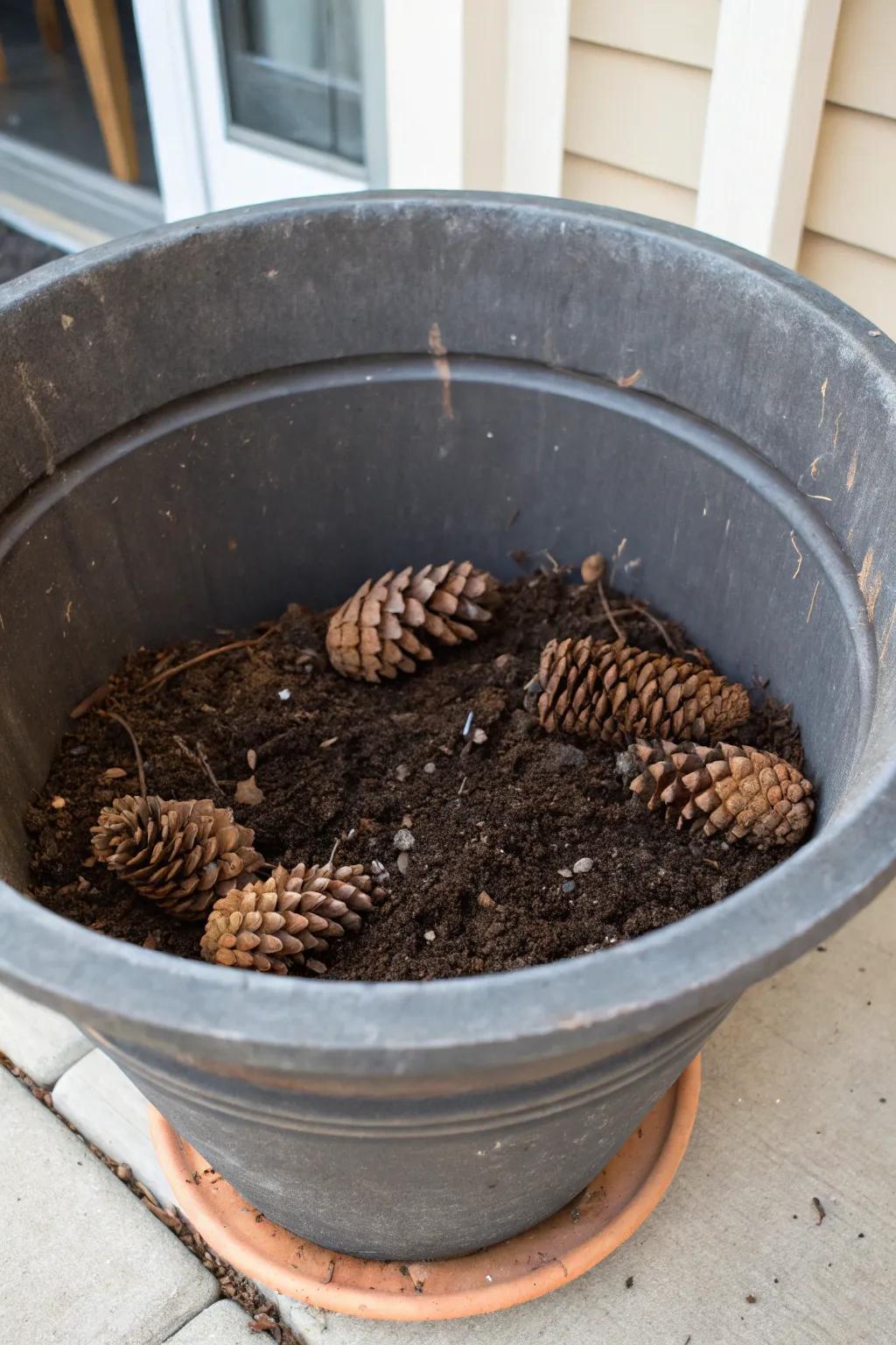 Pinecones boosting drainage and consistency in planters.