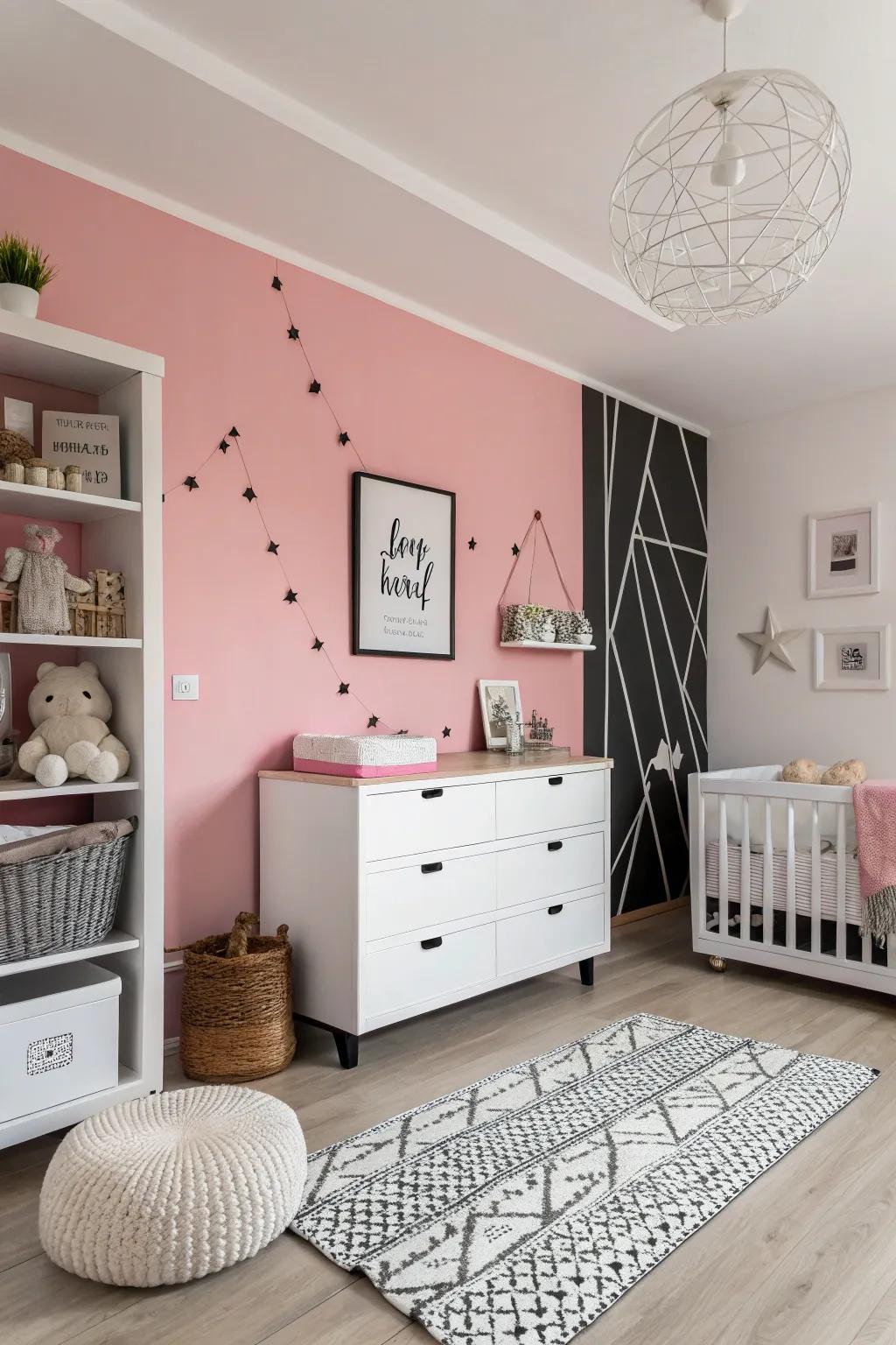 A modern nursery where rose meets monochrome for a balanced look.