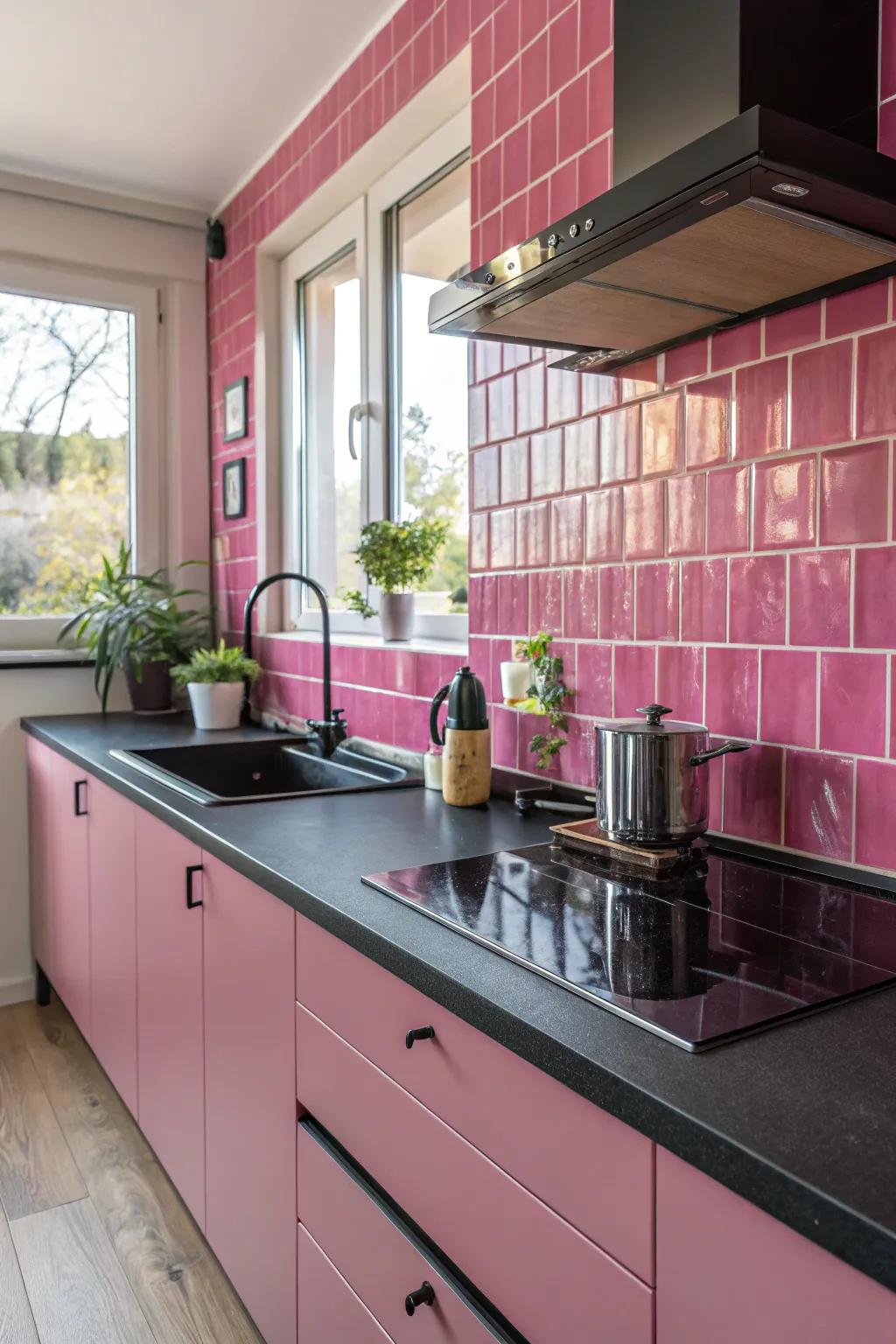Charcoal worktops provide a sleek contrast to rose elements.