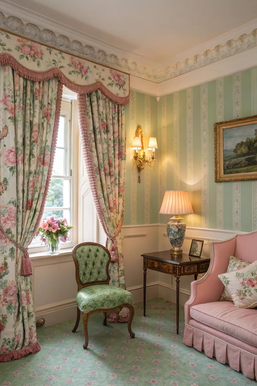 Vintage pink and green decor brings cozy elegance.