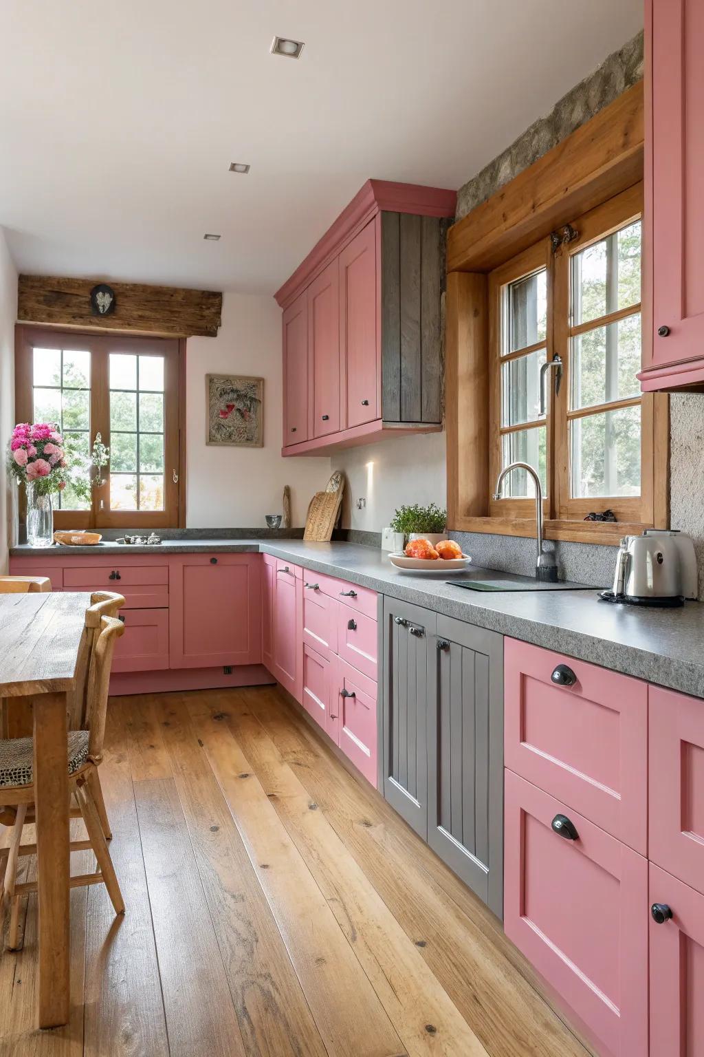 Natural wood tones complementing rose and grey elements.