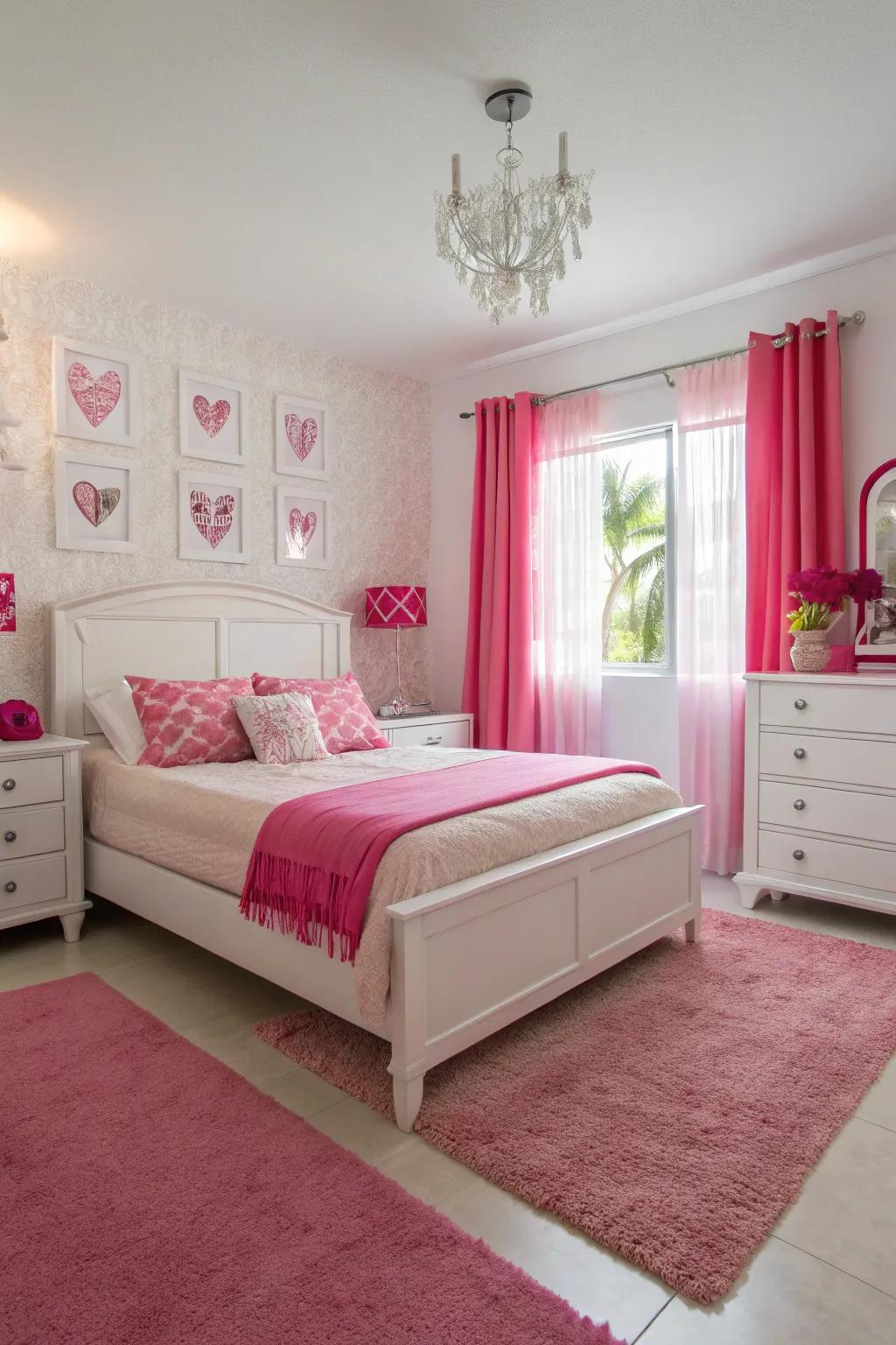 Frosty white and flamingo pink create a bold and modern bedroom.